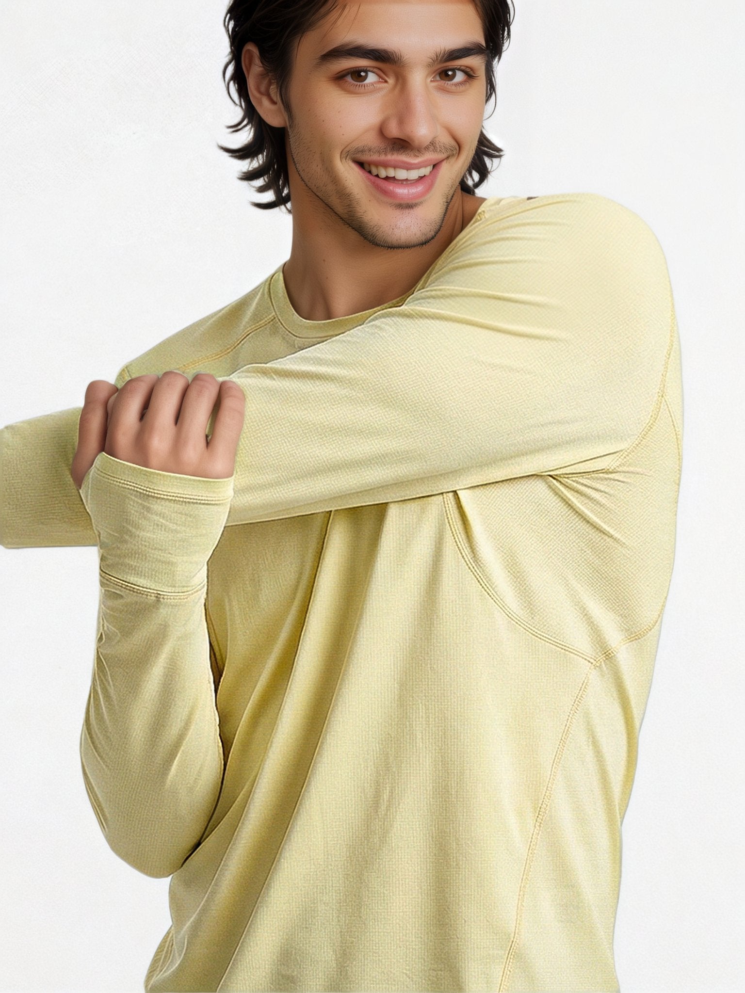 Performance long sleeve top lifestyle image 06: white yellow stretching