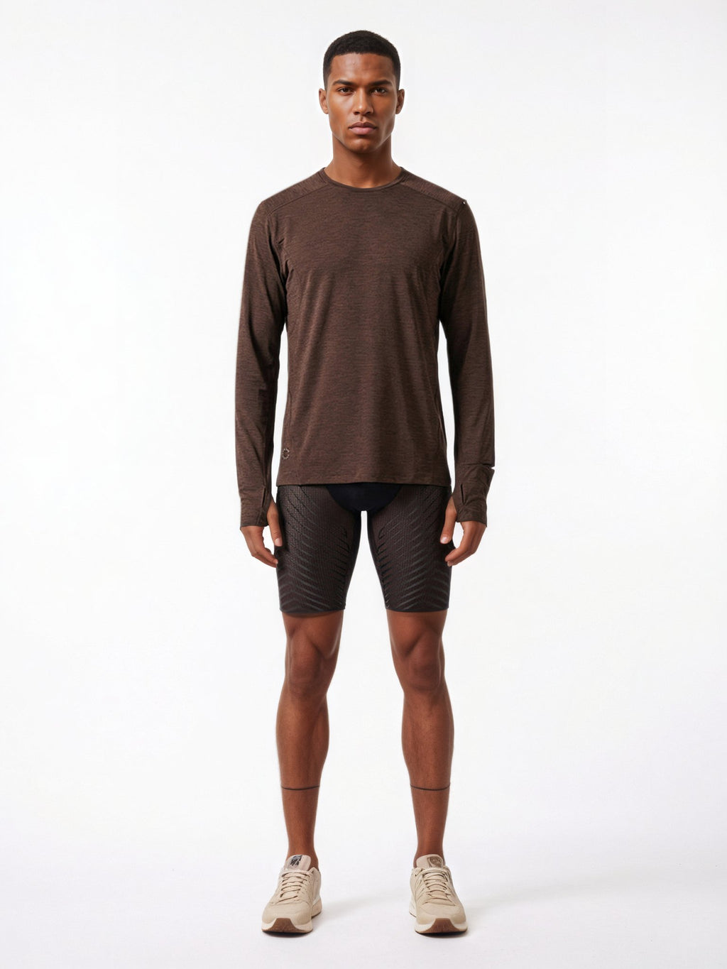 Performance long sleeve top lifestyle image 09: black gray standing