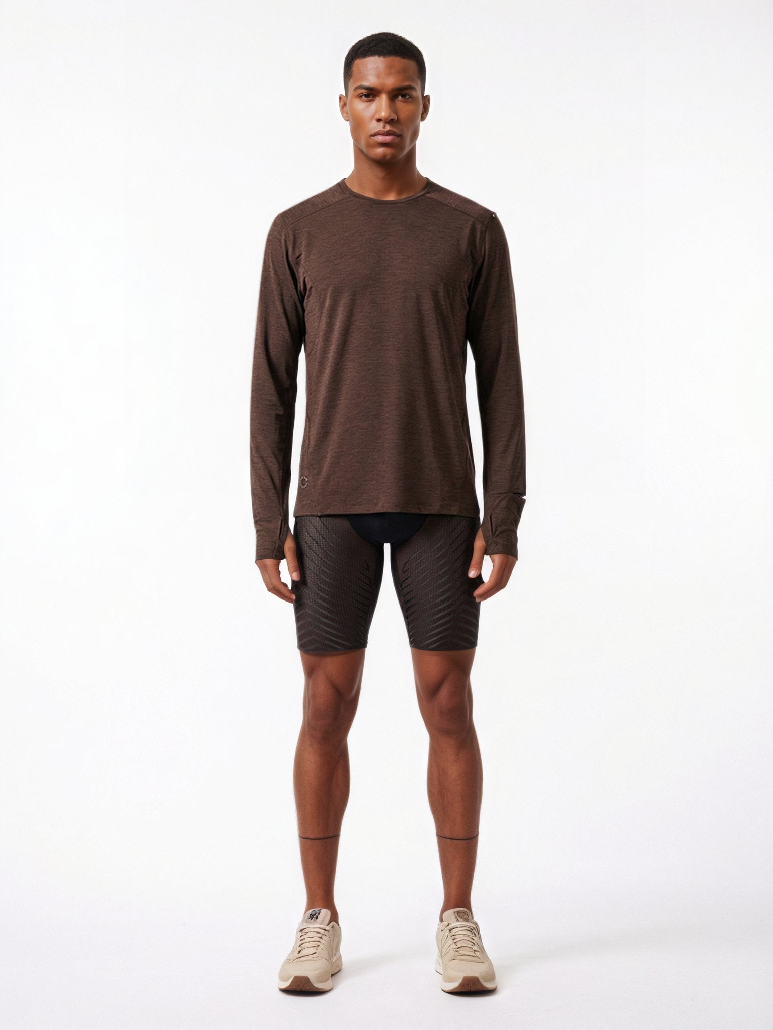 Performance long sleeve top lifestyle image 09: black gray standing